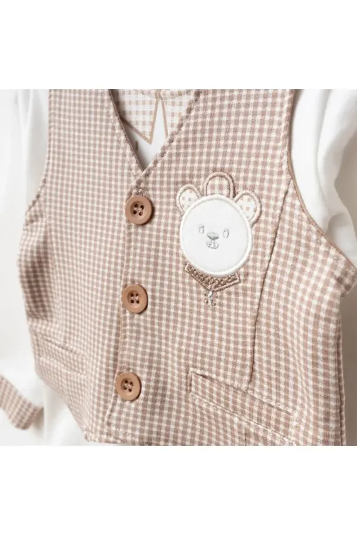 Erkek Bebek Ayı Nakışlı Sweatshirt Yelek Pantolon 3  lü Alt Üst Bebek Takımı 3 Ay - 36 Ay