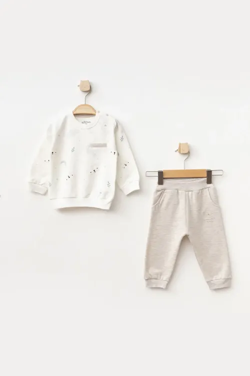 Erkek Bebek Desenli Sweatshirt Pantolon 2  li Alt Üst Bebek Takımı 3 Ay - 36 Ay