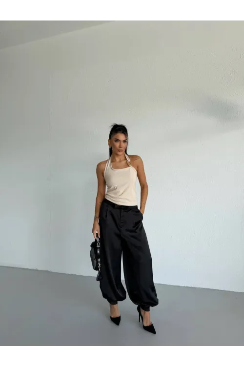 Kadın Bej Ottoman Kumaş Halter Yaka Toka Detay Bluz HZL26W-FRY123321