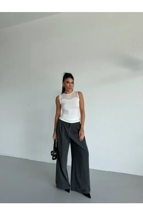 Kadın Beyaz Kolsuz Likralı Tül Detay Sandy Bluz HZL26W-FRY123721