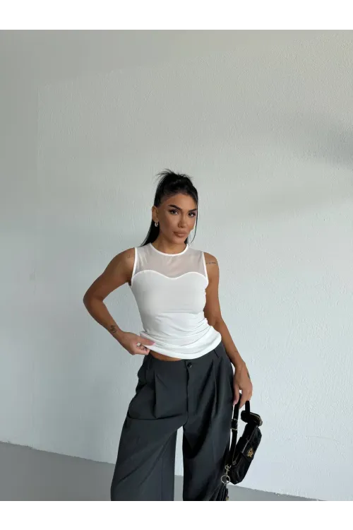 Kadın Beyaz Kolsuz Likralı Tül Detay Sandy Bluz HZL26W-FRY123721