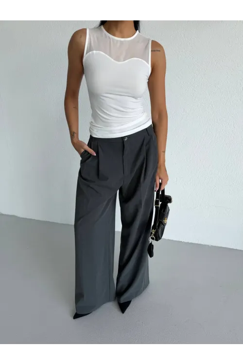 Kadın Beyaz Kolsuz Likralı Tül Detay Sandy Bluz HZL26W-FRY123721