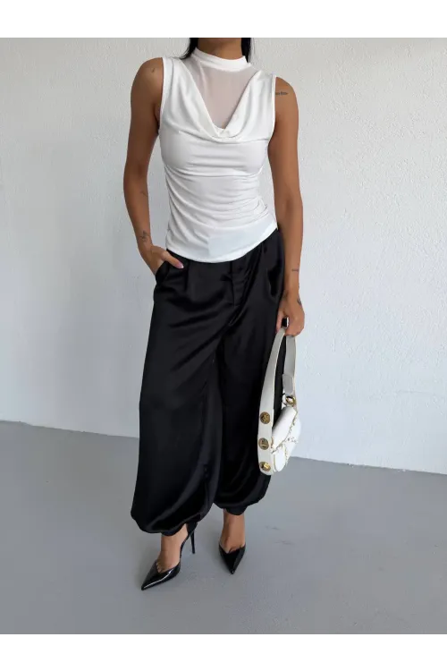 Kadın Beyaz Tül Detay Degaje Yaka Yanlardan Drapeli Sandy Bluz HZL26S-FRY123791