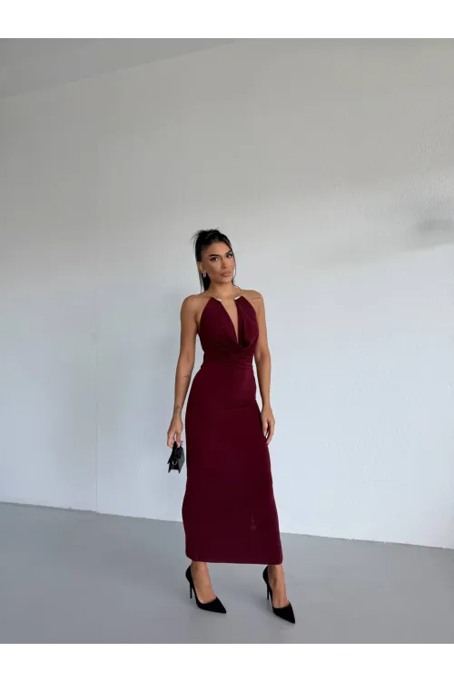 Kadın Bordo Boyundan Aksesuarlı Yandan Yırtmaçlı Midi Boy Sandy Elbise HZL26S-FRY123841
