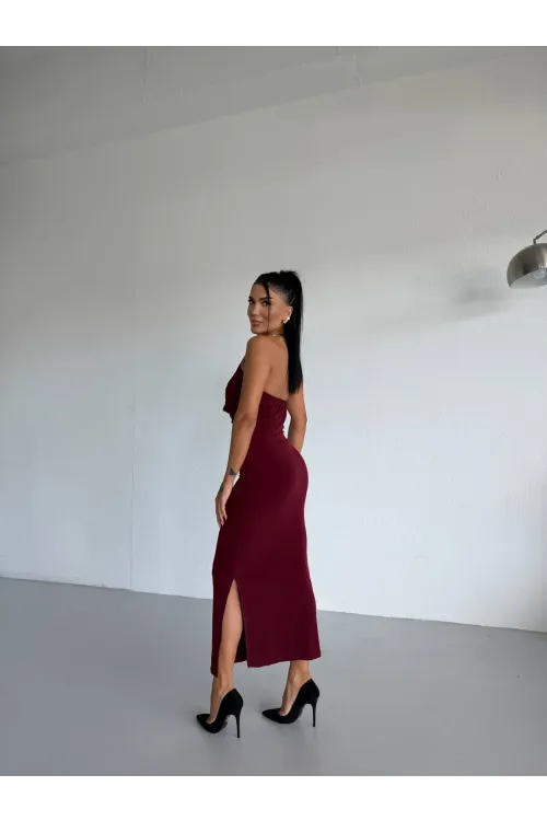 Kadın Bordo Boyundan Aksesuarlı Yandan Yırtmaçlı Midi Boy Sandy Elbise HZL26S-FRY123841
