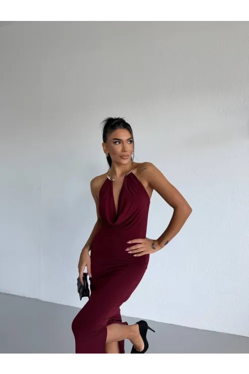 Kadın Bordo Boyundan Aksesuarlı Yandan Yırtmaçlı Midi Boy Sandy Elbise HZL26S-FRY123841