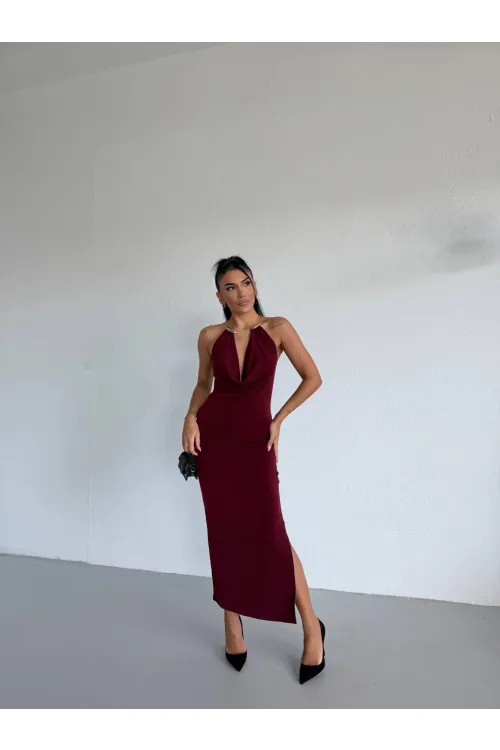 Kadın Bordo Boyundan Aksesuarlı Yandan Yırtmaçlı Midi Boy Sandy Elbise HZL26S-FRY123841