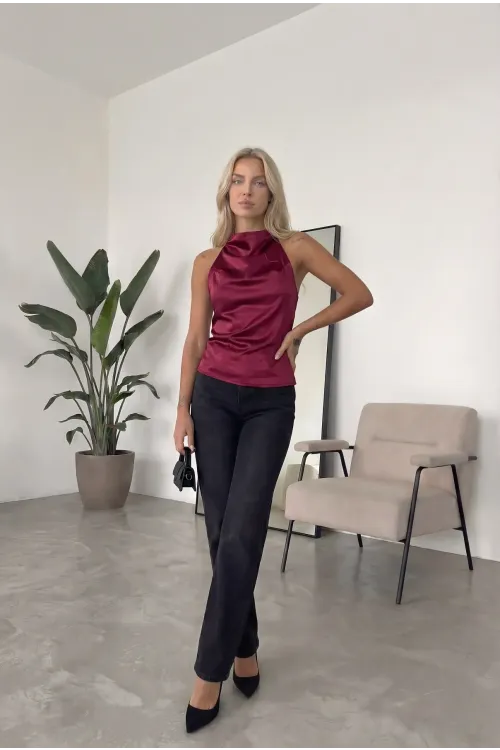 Kadın Bordo Halter Yaka Saten Kumaş Sırt Dekolteli Bluz HZL26W-FRY123801