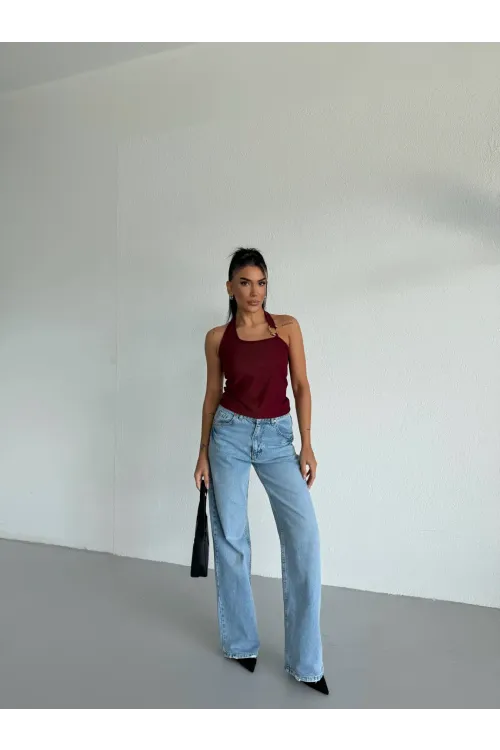 Kadın Bordo Ottoman Kumaş Halter Yaka Toka Detay Bluz HZL26W-FRY123321