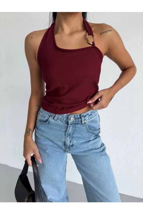 Kadın Bordo Ottoman Kumaş Halter Yaka Toka Detay Bluz HZL26W-FRY123321