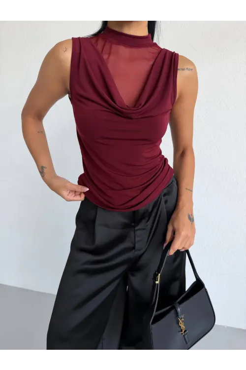 Kadın Bordo Tül Detay Degaje Yaka Yanlardan Drapeli Sandy Bluz HZL26S-FRY123791