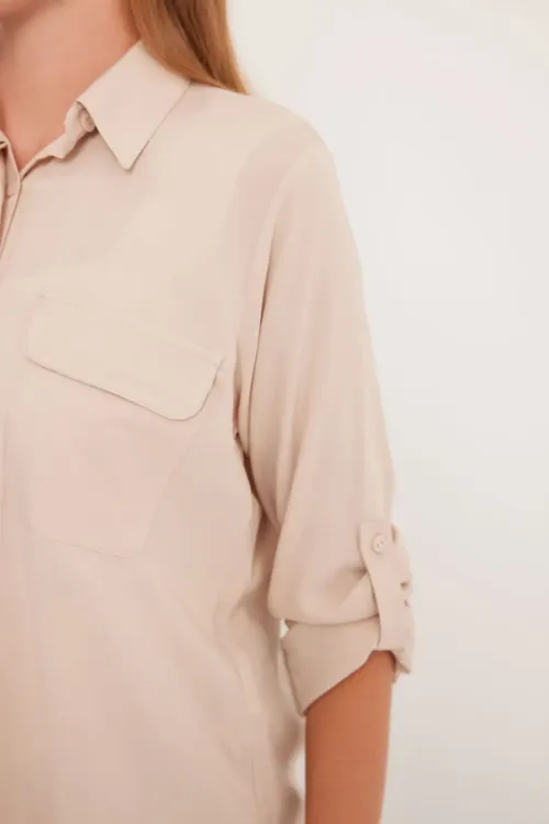 Kadın Cep Detaylı Gömlek 20234 - Krem