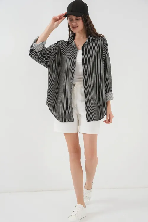 Kadın Çizgili Oversize Gömlek 20295 - Siyah