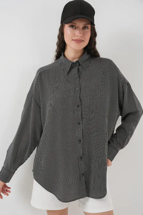 Kadın Çizgili Oversize Gömlek 20295 - Siyah