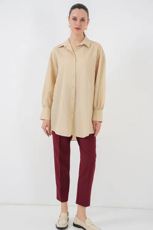 Kadın Çizgili Uzun Gömlek Tunik 5963 - Bej