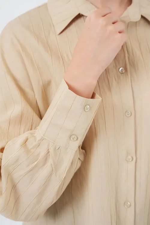 Kadın Çizgili Uzun Gömlek Tunik 5963 - Bej