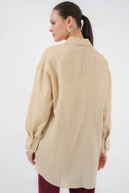 Kadın Çizgili Uzun Gömlek Tunik 5963 - Bej