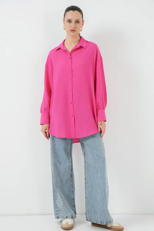 Kadın Çizgili Uzun Gömlek Tunik 5963 - Fuşya