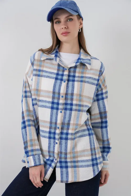 Kadın Ekose Desen Oversize Oduncu Gömlek 3854 A.Ekru