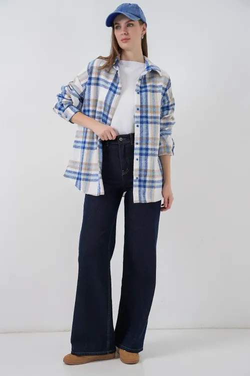 Kadın Ekose Desen Oversize Oduncu Gömlek 3854 A.Ekru