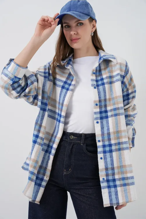 Kadın Ekose Desen Oversize Oduncu Gömlek 3854 A.Ekru