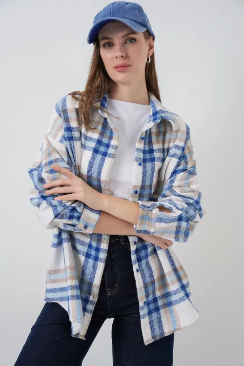 Kadın Ekose Desen Oversize Oduncu Gömlek 3854 A.Ekru