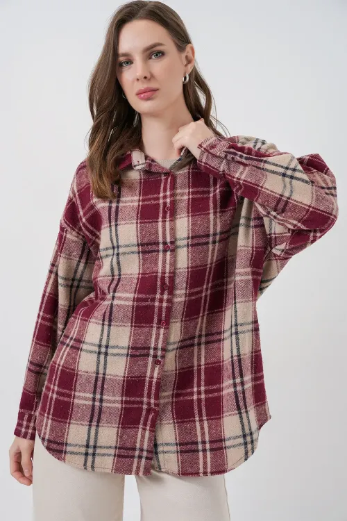 Kadın Ekose Desen Oversize Oduncu Gömlek 3854 Bordo