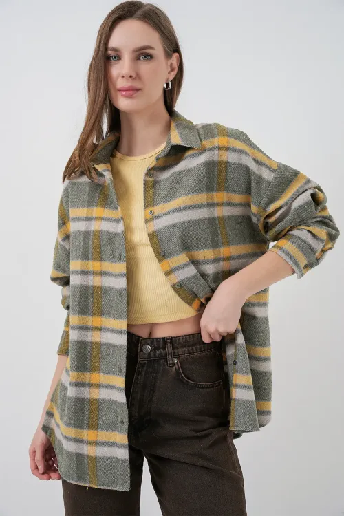 Kadın Ekose Desen Oversize Oduncu Gömlek 3854 E.Yeşil