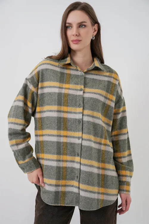Kadın Ekose Desen Oversize Oduncu Gömlek 3854 E.Yeşil