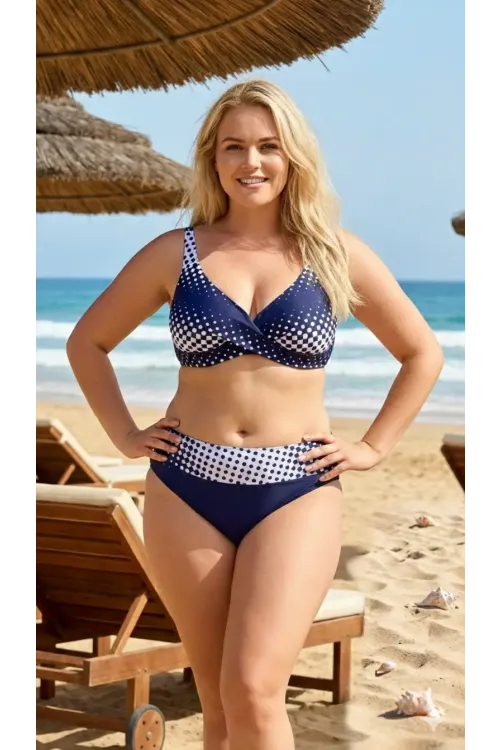 Kadın Lacivert Beyaz Puantiyeli Büyük Beden Astarlı Bikini Takım HZL26S-LC21202-6