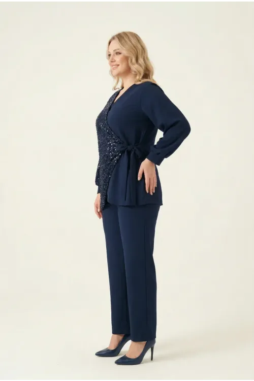 Kadın Lacivert Büyük Beden Payet Detaylı Pantolon Bluz Abiye Takım HZL26W-PR10011