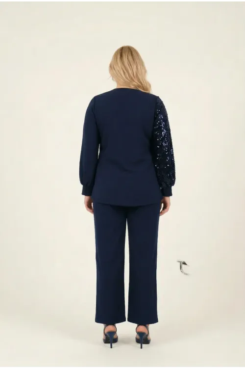 Kadın Lacivert Büyük Beden Payet Detaylı Pantolon Bluz Abiye Takım HZL26W-PR10011