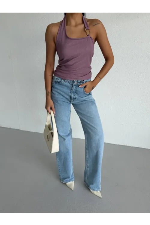 Kadın Lila Ottoman Kumaş Halter Yaka Toka Detay Bluz HZL26W-FRY123321