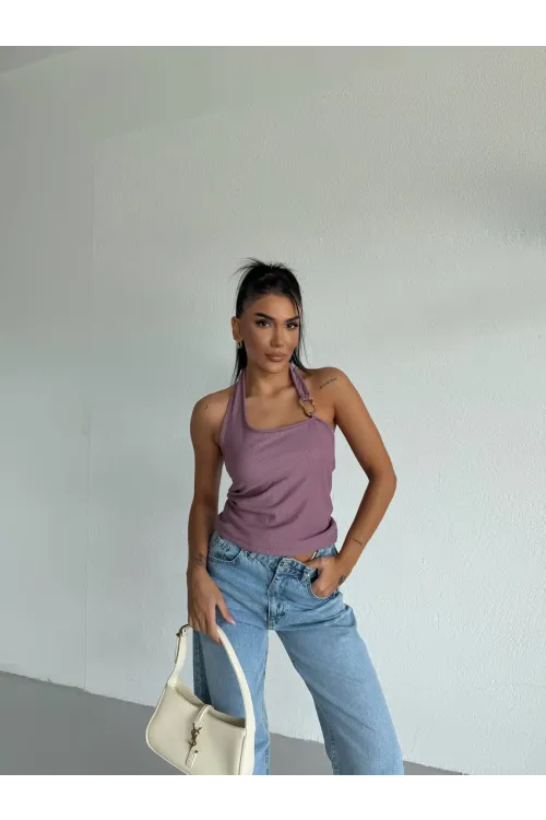 Kadın Lila Ottoman Kumaş Halter Yaka Toka Detay Bluz HZL26W-FRY123321