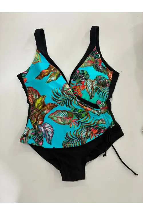 Kadın Mavi Siyah Tüy Desen V Yaka Yandan İp Büzgülü Büyük Beden Mayo HZL25S-LC4007