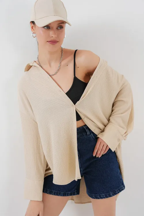Kadın Örme Oversize Gömlek 20264 - Bej