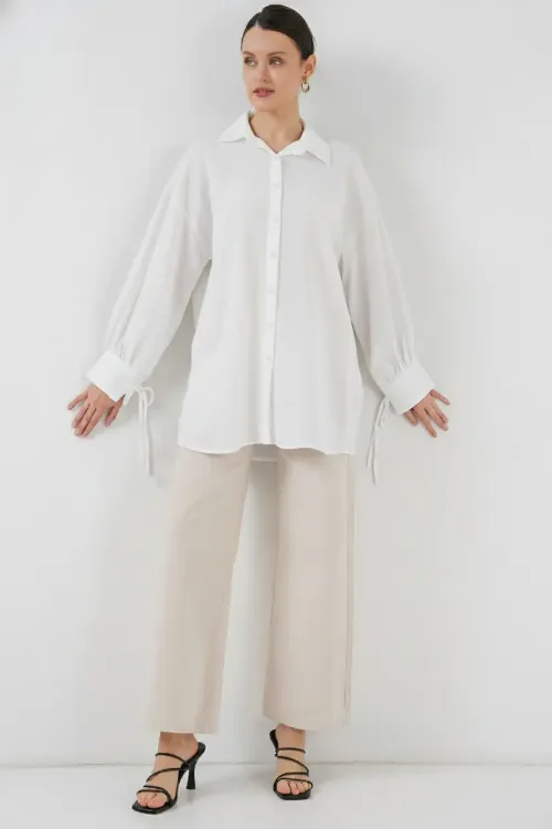 Kadın Oversize Bağcıklı Gömlek 5954 - Beyaz
