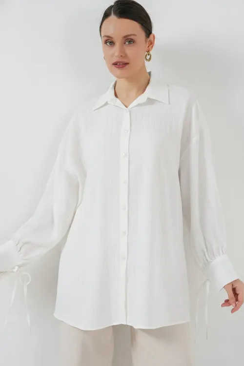 Kadın Oversize Bağcıklı Gömlek 5954 - Beyaz