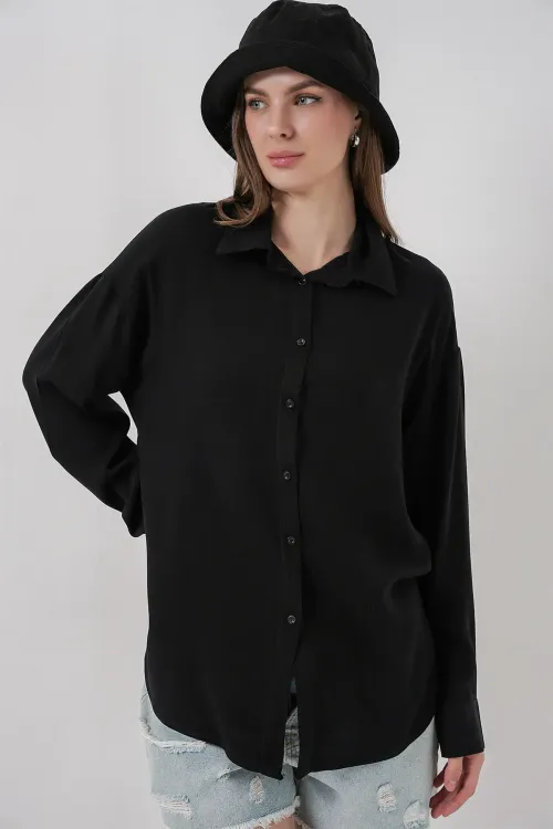 Kadın Oversize Viskon Gömlek 3785 - Siyah