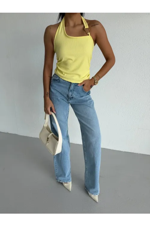 Kadın Sarı Ottoman Kumaş Halter Yaka Toka Detay Bluz HZL26W-FRY123321