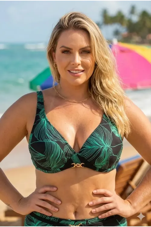 Kadın Siyah Açık Yeşil Aksesuar Detaylı Astarlı Büyük Beden Bikini Takımı HZL25S-LC25147