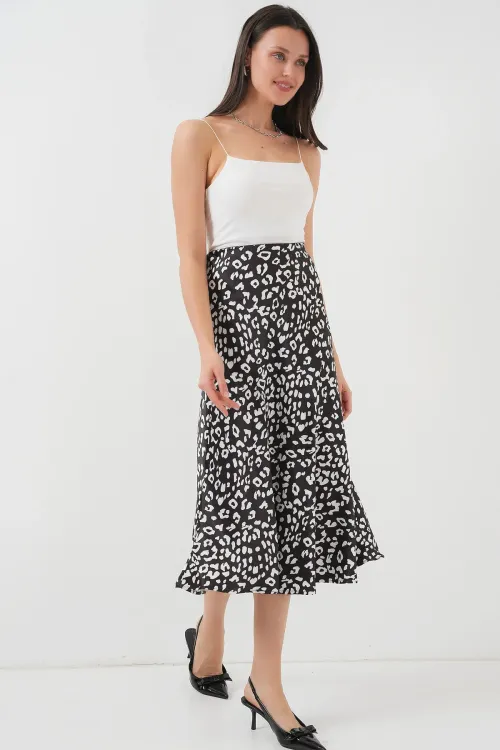 Kadın Siyah Beyaz Desenli Saten Etek 15806