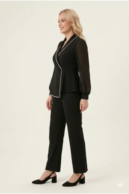 Kadın Siyah Büyük Beden Yaka İncili Şifon Kollu Abiye Takım HZL26W-PR10031