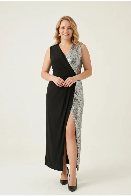 Kadın Siyah Gümüş Simli Büyük Beden Kruvaze Yaka Yırtmaç Detay Abiye Elbise HZL26W-PR10041