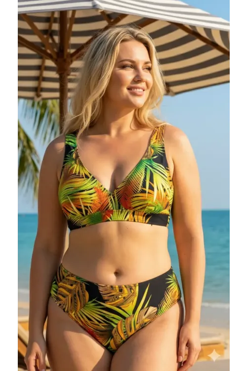 Kadın Siyah Sarı Yaprak Desenli Büyük Beden Astarlı Bikini Takımı HZL26S-LC25152-1