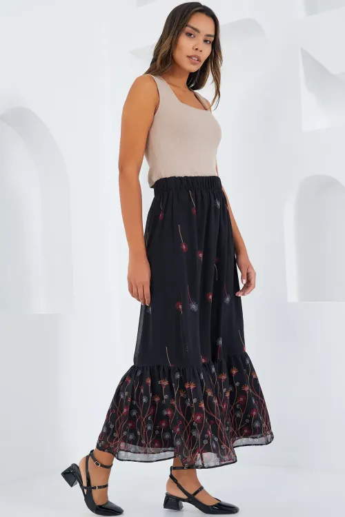 Kadın Siyah Turuncu Desenli Şifon Etek 8010