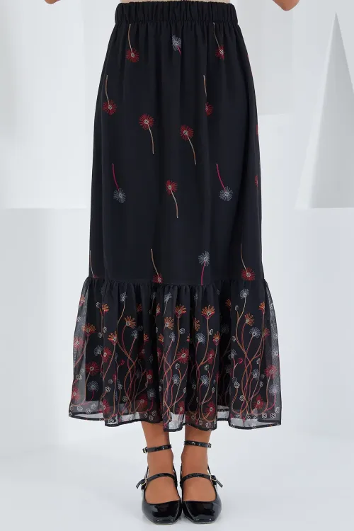 Kadın Siyah Turuncu Desenli Şifon Etek 8010