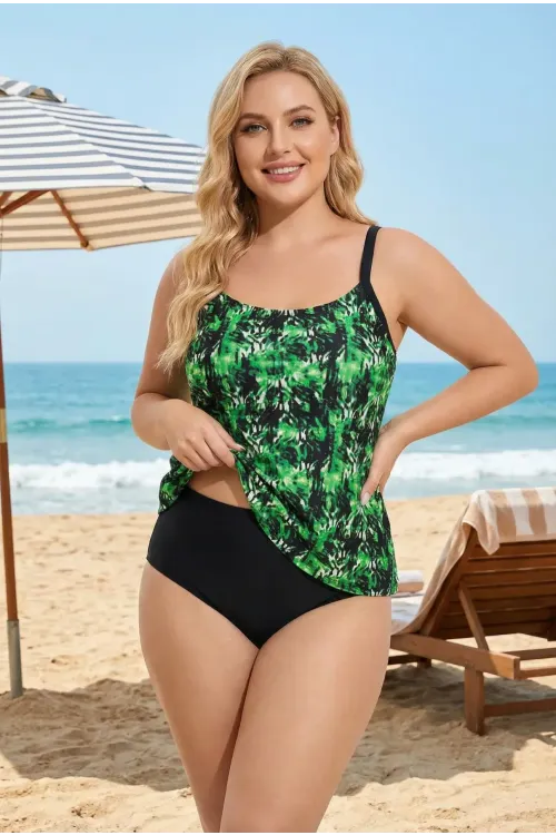 Kadın Siyah Yeşil Desenli Yüksek Bel Toparlayıcı Altlı Büyük Beden Slipli Tankini HZL26S-LC2031