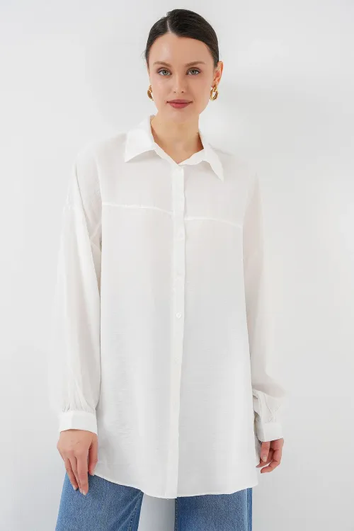 Kadın Uzun Oversize Gömlek 5965 - Beyaz