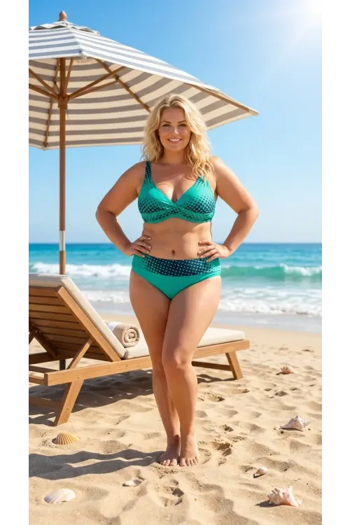 Kadın Yeşil Lacivert Puantiyeli Büyük Beden Astarlı Bikini Takım HZL26S-LC21202-6